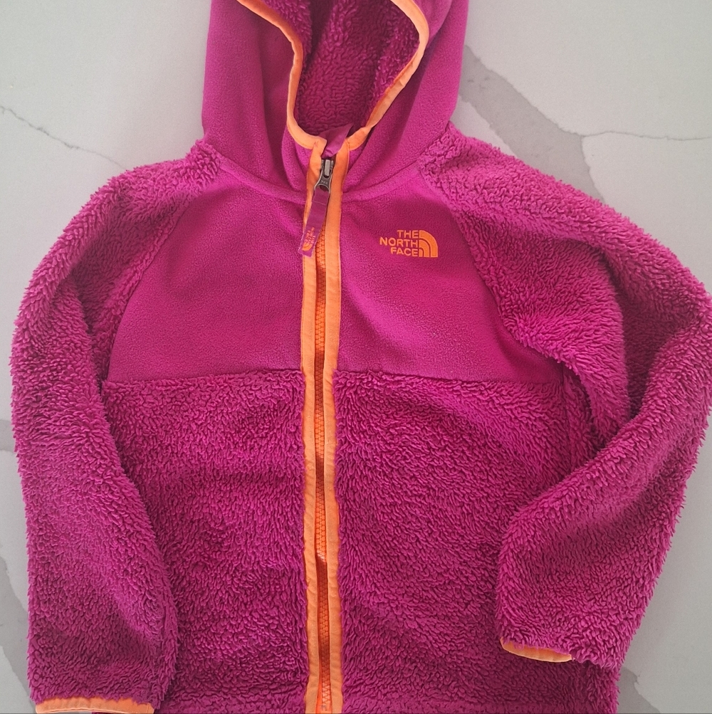 The North Face Kids Fuzzy Hooded Jacket in Magenta with Orange Trim